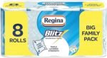 Regina Blitz Household Towels – 8 Triple Layered Rolls, 140 Sheets Per Roll, Paper Packaging, FSC Certified Paper, Recyclable Packaging, 60% Larger Than Standard Kitchen Roll Sheets