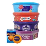 ASDA  Assorted Christmas Chocolate Tubs Selection - Pack of 5 - Bulk Buy of Roses, Heroes, Quality Street, Celebrations Chocolate Pralines & 1 Terry's Orange Chocolate with Topline Card for Chocolate Gifts