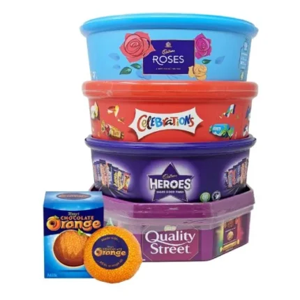 ASDA  Assorted Christmas Chocolate Tubs Selection - Pack of 5 - Bulk Buy of Roses, Heroes, Quality Street, Celebrations Chocolate Pralines & 1 Terry's Orange Chocolate with Topline Card for Chocolate Gifts