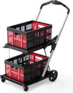 Folding Shopping Cart 2 Tier Multi Use Mobile Trolley Functional Collapsible Carts with Wheels and Removable Folding Storage Crates, for Groceries,Camping,Garage, Supermarket (Double Layer) - Image 9