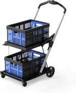 Folding Shopping Cart 2 Tier Multi Use Mobile Trolley Functional Collapsible Carts with Wheels and Removable Folding Storage Crates, for Groceries,Camping,Garage, Supermarket (Double Layer) - Image 8