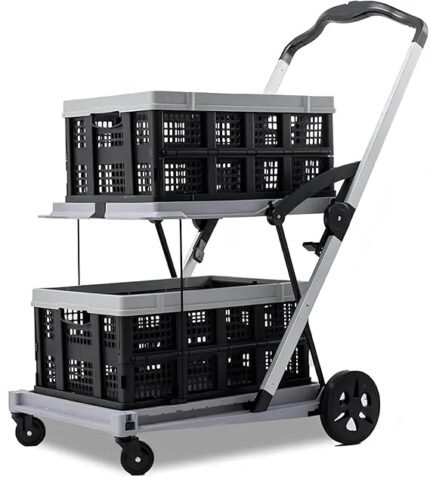 Folding Shopping Cart 2 Tier Multi Use Mobile Trolley Functional Collapsible Carts with Wheels and Removable Folding Storage Crates, for Groceries,Camping,Garage, Supermarket (Double Layer)